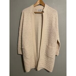 Vintage Cuddle Knit Cardigan Sweater Womens Medium White Textured Pockets 70s